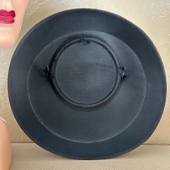 CAPTIVATING BLACK FABRIC 1950s' CART WHEEL HAT WITH BLACK & WHITE TRIM
